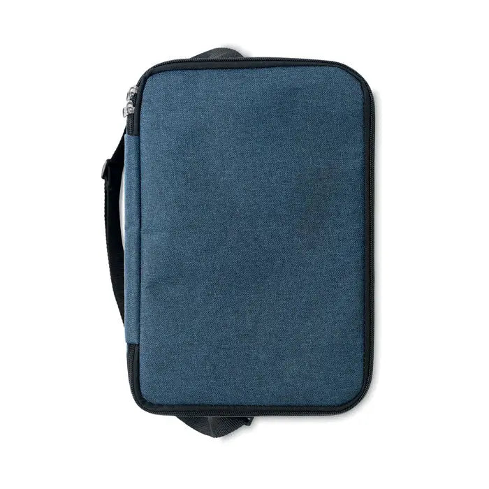 Geanta frigorifica rpet albastra din material texturat cu fermoar negru si bareta reglabila crossbody