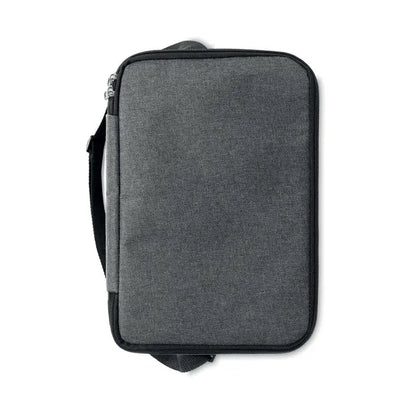 Geanta frigorifica rpet din tesatura gri texturata cu fermoar si curea neagra tip crossbody