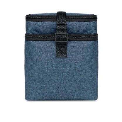 Geanta frigorifica rpet albastra cu textura de denim, izoterma, cu fermoar si bretea neagra
