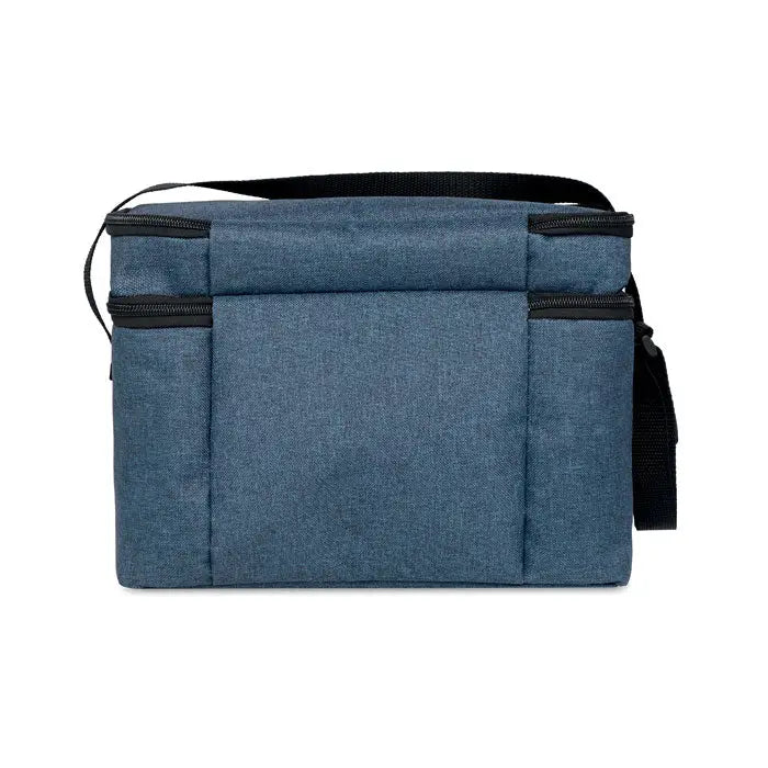 Geanta frigorifică rpET albastră din denim texturat cu fermoar negru și curea de umăr reglabilă