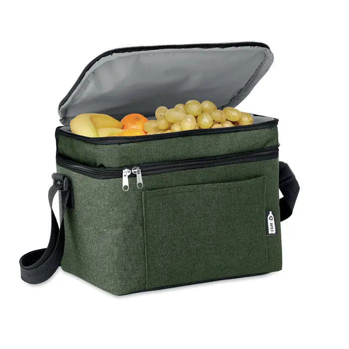 Geanta frigorifica rpet verde izolata cu fermoar negru si interior gri captusit pentru depozitare alimente