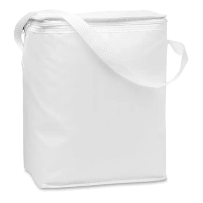 Geanta frigorifica alba izolata pentru sticle de 1,5 l cu inchidere cu fermoar si manere din material textil