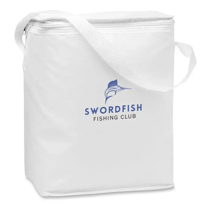 Geanta frigorifica alba izolata pentru sticle de 1,5 l cu logo bleu de peste sabie si text swordfish fishing club
