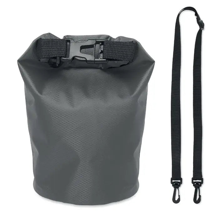 Geanta impermeabila 210t rpet 1,5l gri inchis cu inchidere neagra rulabila si bretea reglabila pentru umar