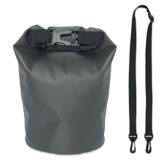 Geanta impermeabila 210t rpet 1,5l gri inchis cu inchidere neagra rulabila si bretea reglabila pentru umar