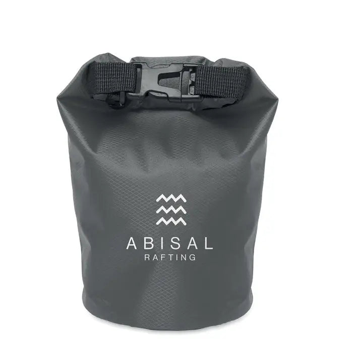 Geanta impermeabila 210t rpet 1,5l sac uscat impermeabil gri inchis cu inchidere neagra si logo abisal rafting alb