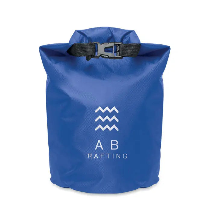 Geanta impermeabila albastra din material 210t rpet cu capac negru si logo ab rafting alb, capacitate 5l