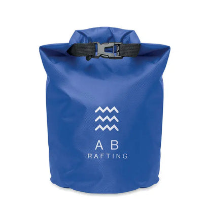 Geanta impermeabila albastra din material 210t rpet cu capac negru si logo ab rafting alb, capacitate 5l
