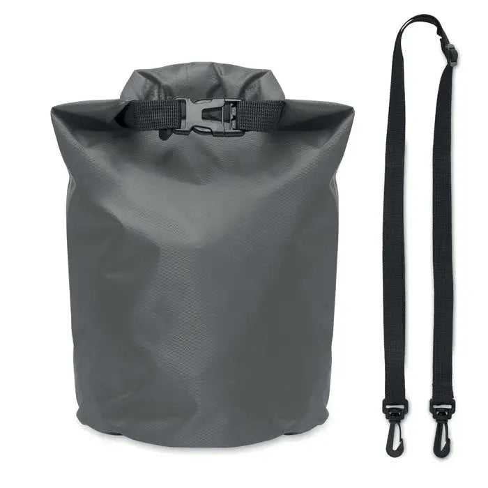 Geanta impermeabila 210t rpet 5l gri cu inchidere rulabila neagra si bareta ajustabila pentru umar