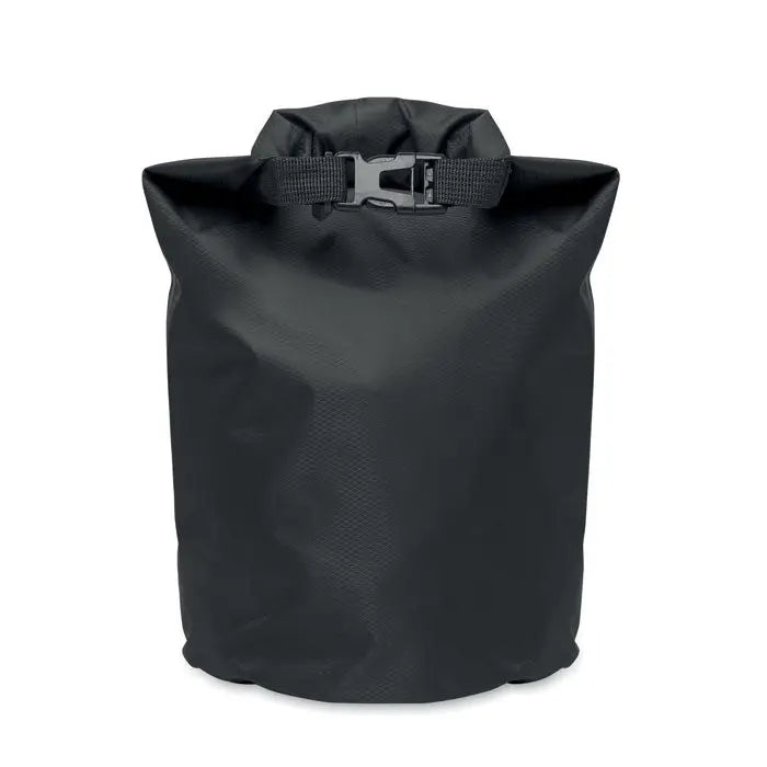 Geanta impermeabilă 210t rpet 5l neagră cu corp din material rezistent și curea din webbing negru cu cataramă argintie