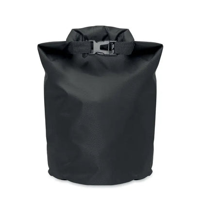 Geanta impermeabilă 210t rpet 5l neagră cu corp din material rezistent și curea din webbing negru cu cataramă argintie