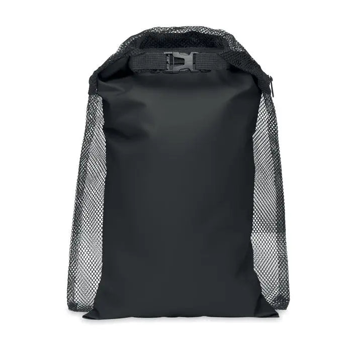 Geanta impermeabila neagra de 6l cu panouri laterale din plasa si inchidere roll-top cu curea