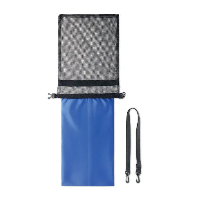 Geanta impermeabila albastra 6l din plasa si vinil cu curea neagra si clipsuri pentru activitati outdoor
