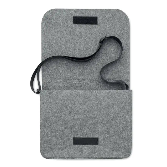 Geanta laptop din fetru rpet gri cu bareta neagra reglabila si inchideri velcro pentru transport comod