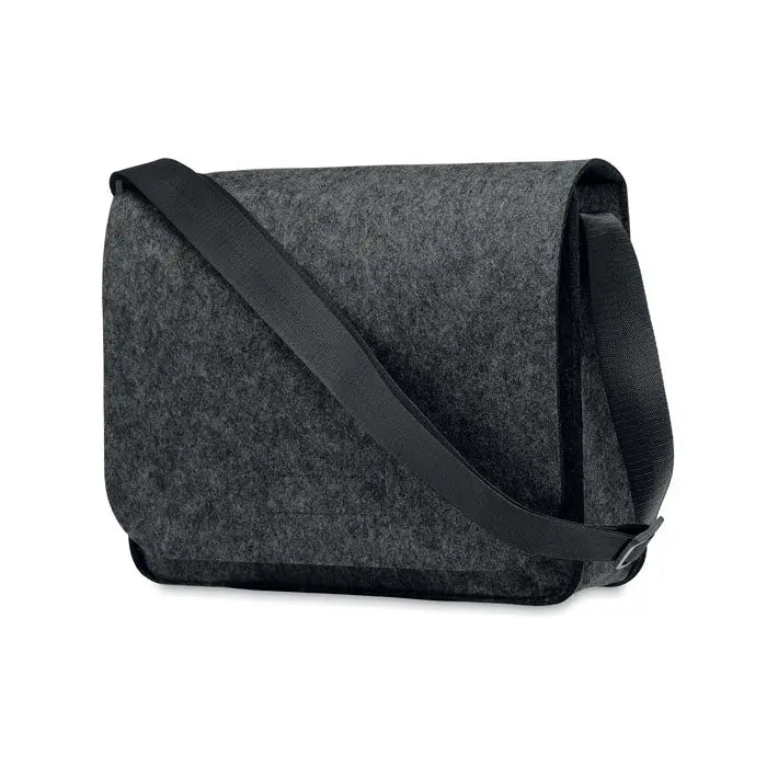 Geanta laptop din fetru rpet de culoare gri inchis cu bretea neagra ajustabila pentru transport confortabil