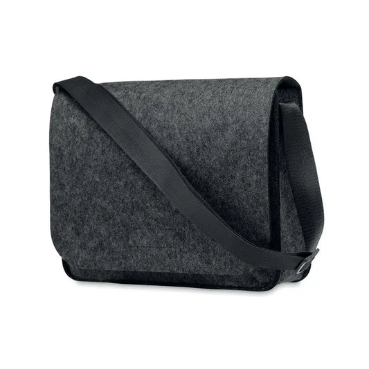 Geanta laptop din fetru rpet de culoare gri inchis cu bretea neagra ajustabila pentru transport confortabil