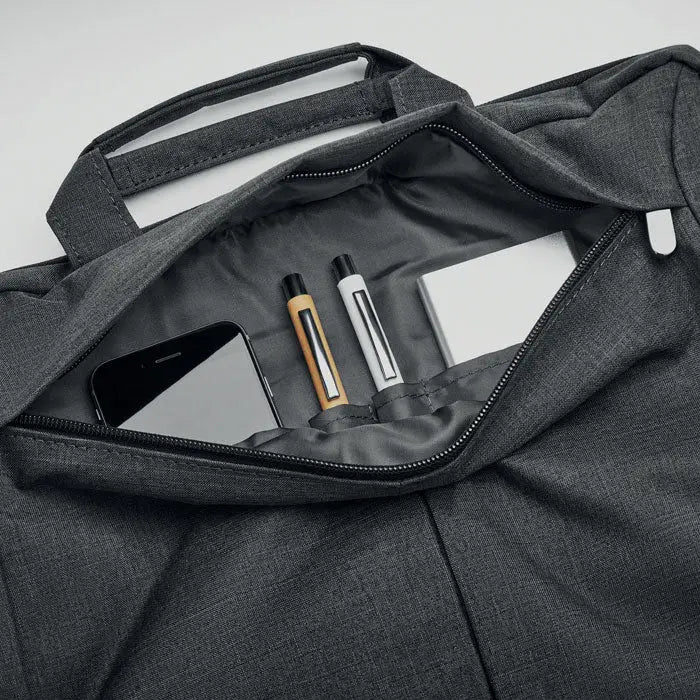 Geanta laptop in 2 tonuri 360d din material texturat gri inchis cu buzunar interior cu fermoar pentru telefon si accesorii