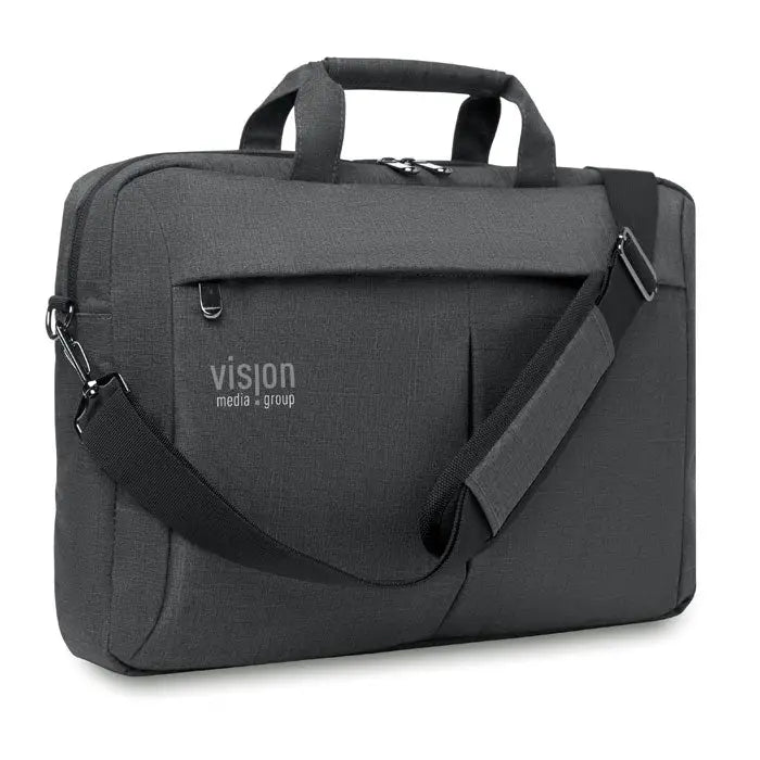 Geantă laptop în 2 tonuri 360d din material texturat gri închis cu logo vision media group și bretea de umăr