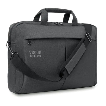 Geantă laptop în 2 tonuri 360d din material texturat gri închis cu logo vision media group și bretea de umăr