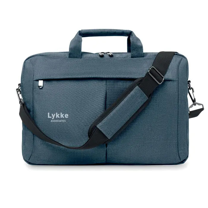 Geanta laptop in 2 tonuri 360d albastru texturat cu bretea neagra si maner, logo lykke associates pe fata