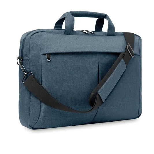 Geanta laptop in 2 tonuri 360d albastra texturata cu bareta neagra ajustabila si maner superior