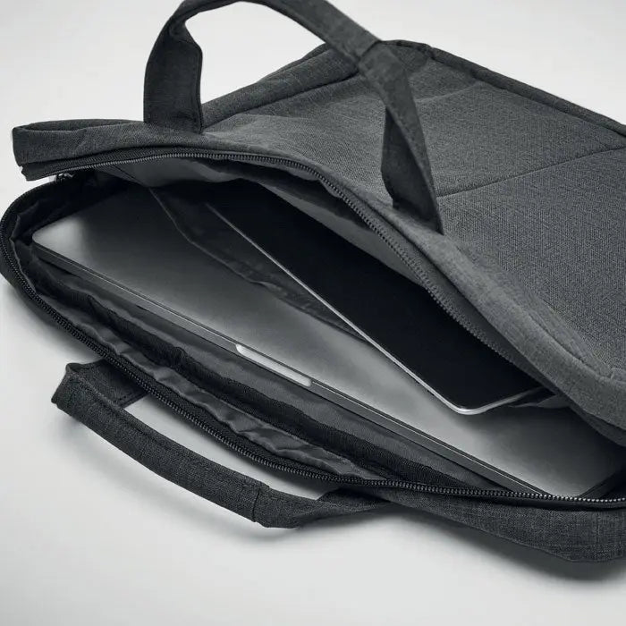 Geanta laptop in 2 tonuri 360d gri inchis texturata cu manere duble si fermoar deschis ce arata interiorul