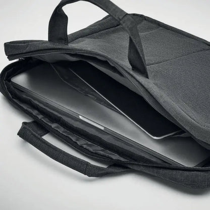 Geanta laptop in 2 tonuri 360d gri inchis texturata cu manere duble si fermoar deschis ce arata interiorul
