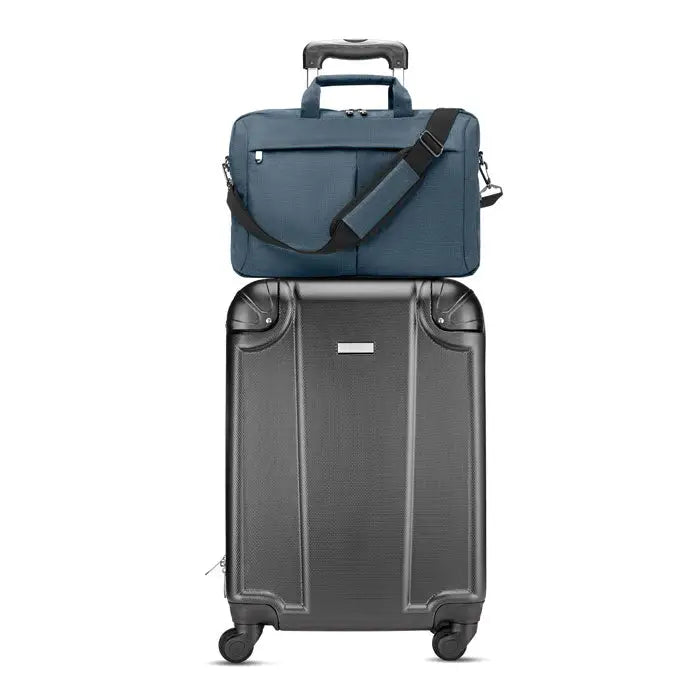 Geanta laptop în 2 tonuri 360d din material albastru închis cu curea reglabilă neagră pe un troler negru