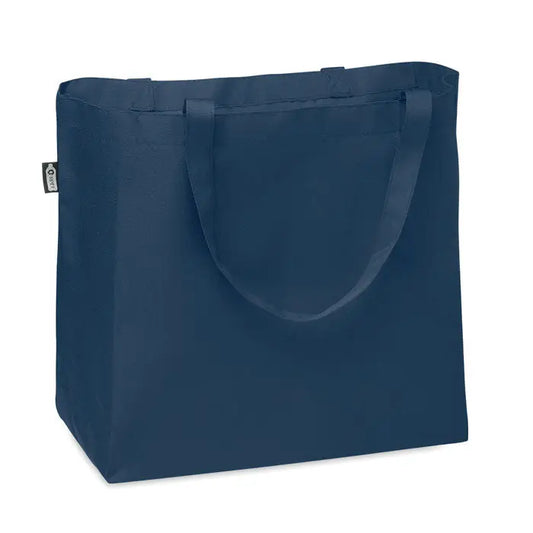 Geantă mare de cumpărături navy blue din pânză 600d rpet cu mânere rezistente și etichetă mică de brand