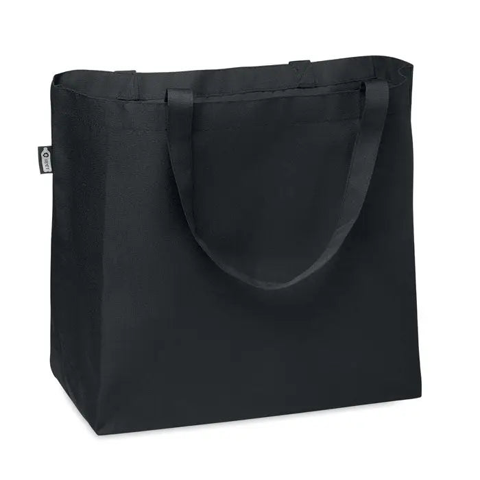 Geanta mare de cumparaturi din material 600d rpet color negru cu manere rezistente si eticheta mica de brand pe laterala
