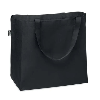 Geanta mare de cumparaturi din material 600d rpet color negru cu manere rezistente si eticheta mica de brand pe laterala