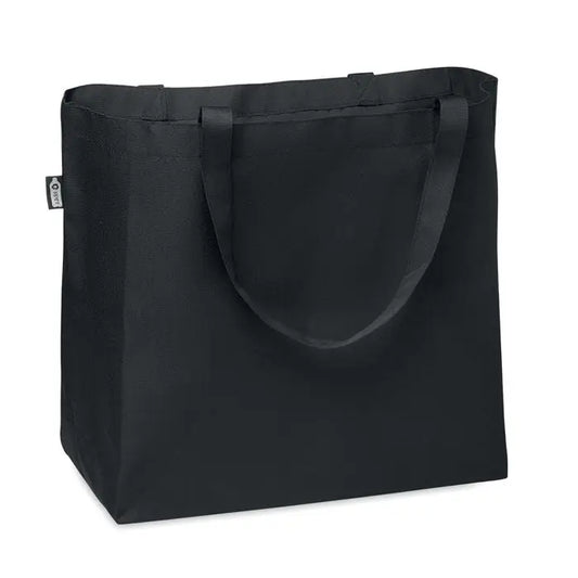 Geanta mare de cumparaturi din material 600d rpet color negru cu manere rezistente si eticheta mica de brand pe laterala