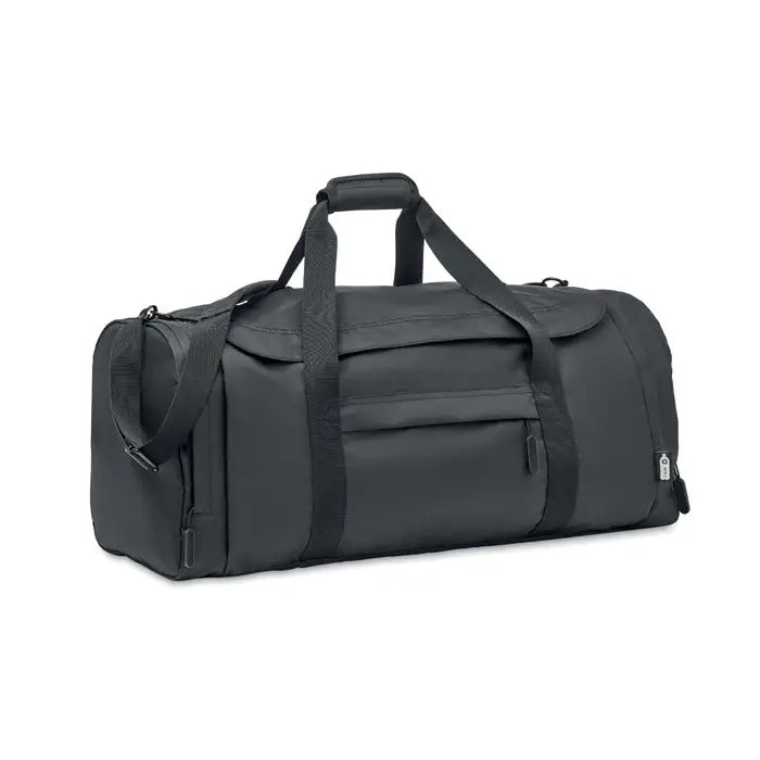 Geanta mare de sport neagra din 300d rpet cu material rezistent si multiple fermoare pentru organizare eficienta