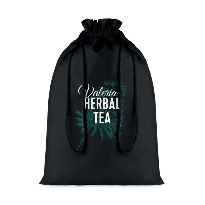 Geanta mare din bumbac neagra cu snur si design valeria herbal tea scris alb si ilustratii botanice verzi teal