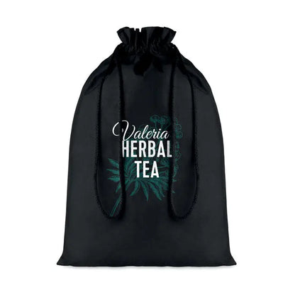 Geanta mare din bumbac neagra cu snur si design valeria herbal tea scris alb si ilustratii botanice verzi teal