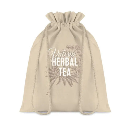 Geanta medie din bumbac cu snur bej cu imprimeu botanic alb si gri si text valerian herbal tea