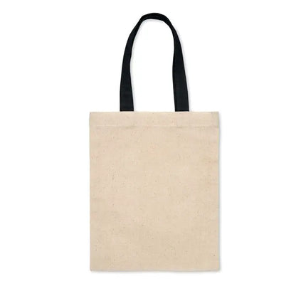 Beige geanta mica cadou din bumbac 140 gr m² cu manere negre din tesatura pentru cumparaturi usoare