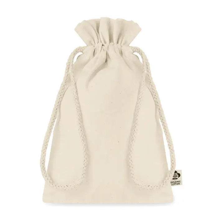 Geanta mica cadou din bumbac organic beige cu snur impletit din sfoara pentru inchidere usoara