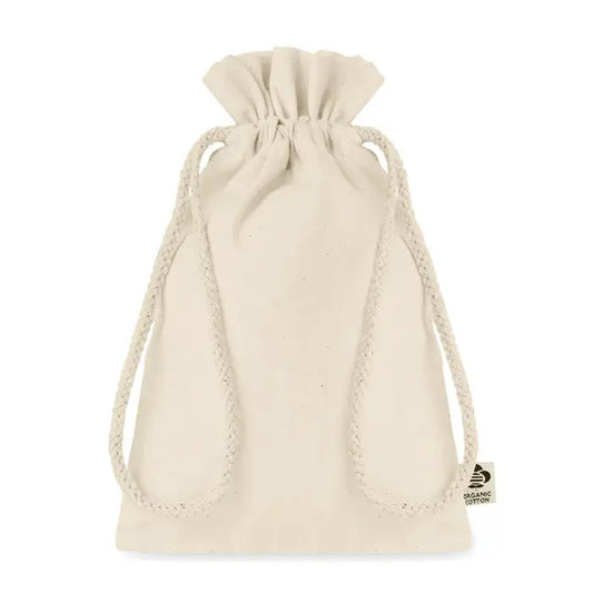 Geanta mica cadou din bumbac organic beige cu snur impletit din sfoara pentru inchidere usoara