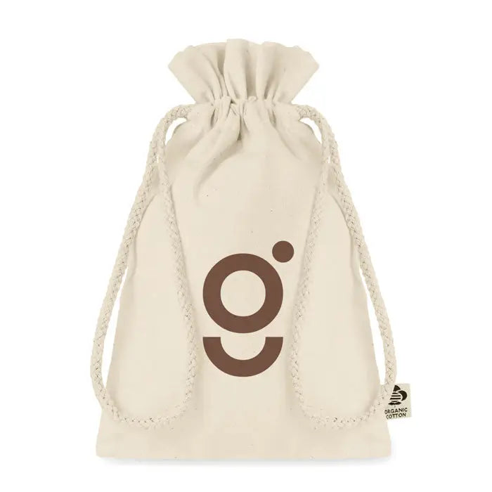 Geanta mica cadou din bumbac organic bej cu logo maro circular si snururi impletite