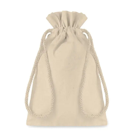 Geanta mica din bumbac bej cu snur impletit si inchidere cu siret din panza de bumbac