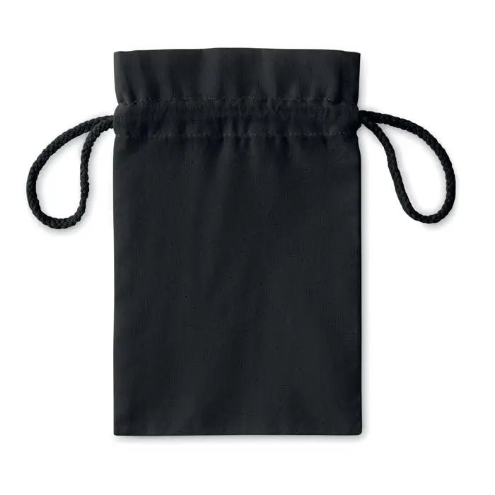 Geanta mica din bumbac neagra cu snur din material textil moale si inchidere cu snururi negre asortate