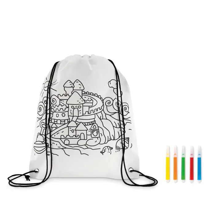 Geanta netesuta alba pentru copii cu ilustratie de castel pe partea frontala si 5 markere colorate pentru colorat
