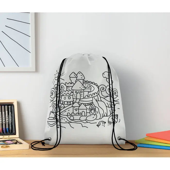 Geanta netesuta pentru copii alba cu snur si ilustratie neagra de castel peisaj fantastical
