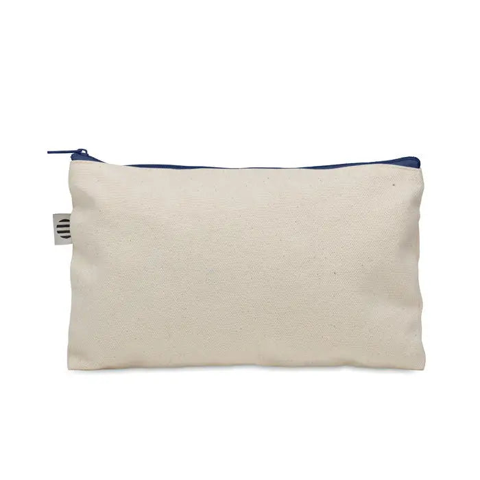 Geanta pentru cosmetice bumbac 340 gr/m² din canvas bej cu fermoar si garnitura albastru inchis cu eticheta mica