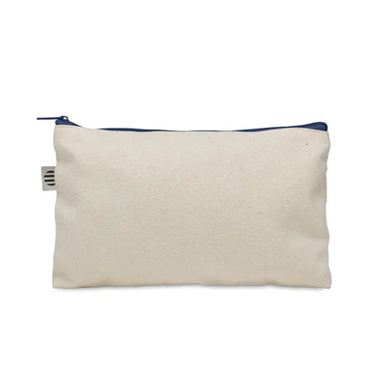 Geanta pentru cosmetice bumbac 340 gr/m² din canvas bej cu fermoar si garnitura albastru inchis cu eticheta mica