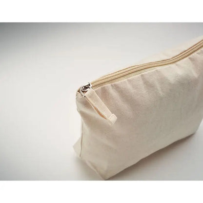 Geanta pentru cosmetice fairtrade din panza beige cu fermoar si tabulatoar asortate