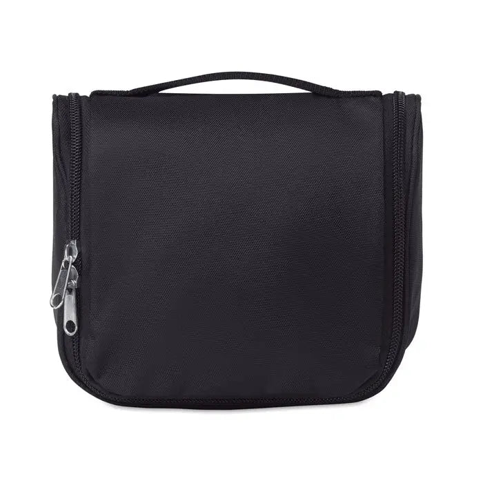 Geanta pentru cosmetice neagra din nylon cu fermoare argintii si maner superior pentru depozitare eficienta