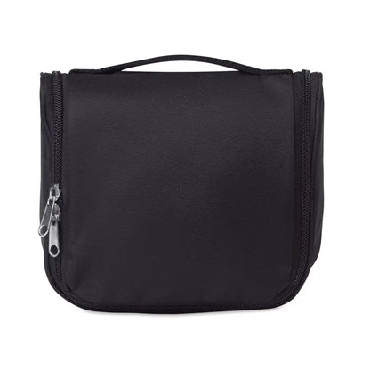 Geanta pentru cosmetice neagra din nylon cu fermoare argintii si maner superior pentru depozitare eficienta