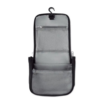 Geanta pentru cosmetice gri din plasa cu fermoar negru si carlig superior pentru agatat